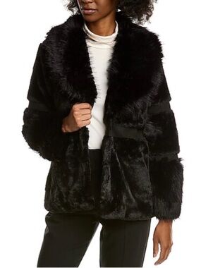 kathy ireland Black Faux Fur Open-Front Teddy Jacket Size Small NWT